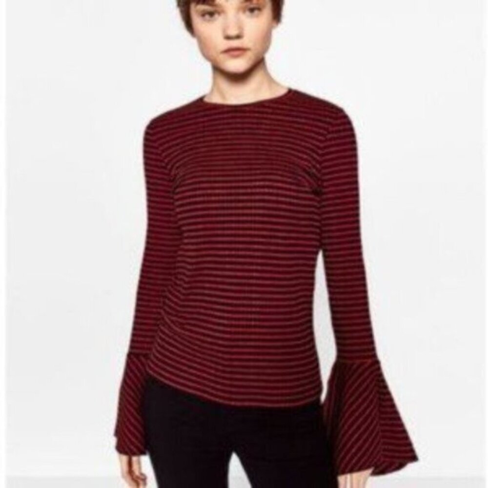 NWT Zara | Women's Red Black Stripe Long Sleeve & Crew Neckline Top Size Medium
